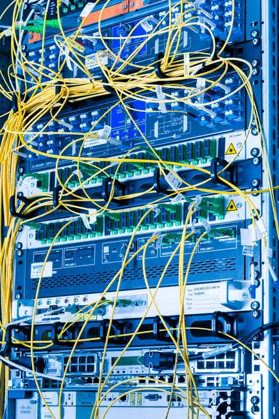 Fiber Optic Cables Plugged Network Switch Panels Data Center — Stock Photo, Image