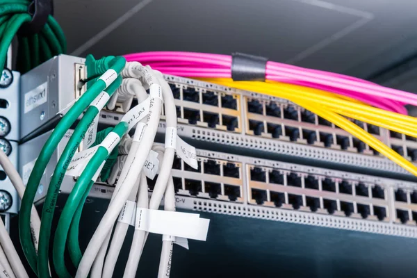 Panel Jaringan Switch Dan Kabel Dalam Pusat Data Internet — Stok Foto