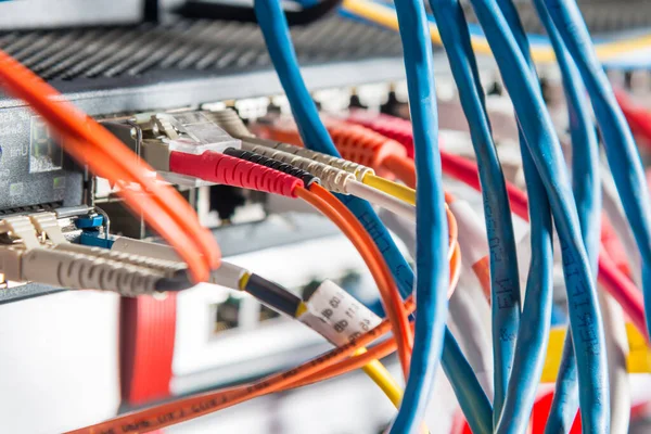 Detalle Del Servidor Con Cables Conexión Conectados Puertos Ethernet —  Fotos de Stock