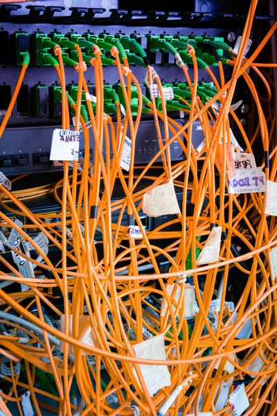数据中心内插在网络交换机面板中的光纤电缆 — 图库照片