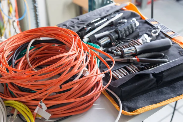 Herramienta Administrador Red Con Carrete Cable Fibra Óptica — Foto de Stock