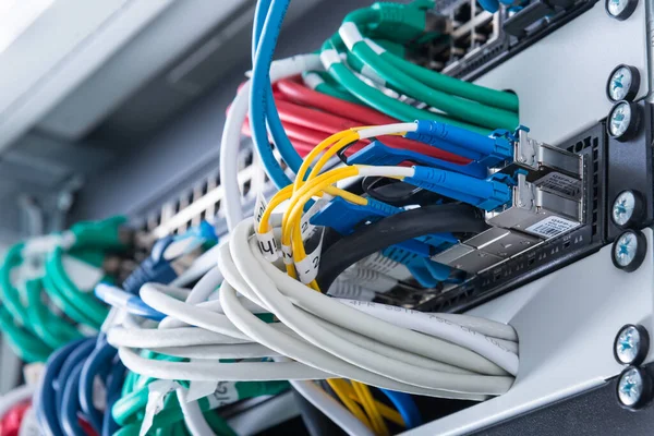 Fiber Optic Cables Connected Optic Ports Data Switch Internet Data — Stock Photo, Image