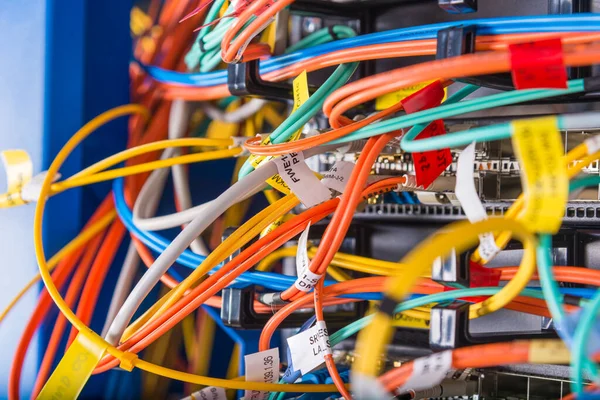 Detail Server Rack Fiber Optic Cables Attached Front Panel Switch — Stock Photo, Image