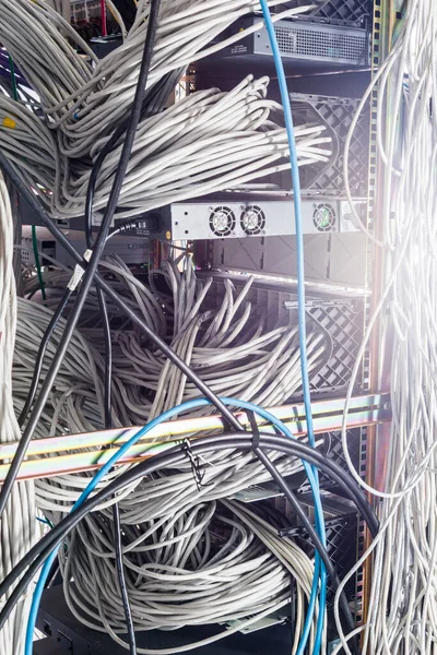 Server Room Rack Tangled Network Cables Creating Messy Untidy Network — Stock Photo, Image