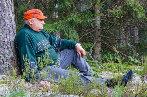 Starý Děda Čepici Odpočívající Lese — Stock fotografie