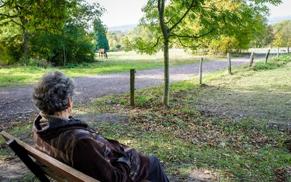 Femme Mûre Gaie Reposant Dans Parc Ville — Photo