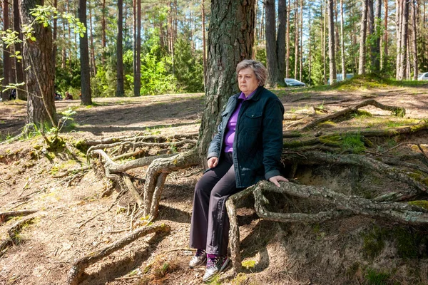 Sorgsen Mogen Kvinna Vilar Stadsparken Vid Sjön — Stockfoto