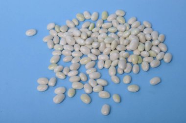 Mavi arka planda kakaolu fasulye.