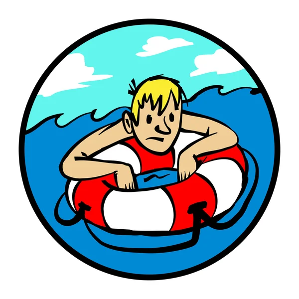 Man Clinging to Life Preserver Lifebuoy In Water — Stock Vector