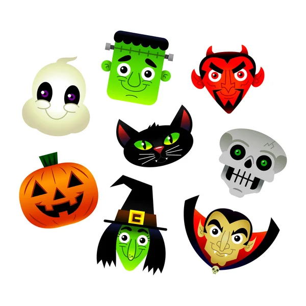 A collection of vector illustrations of various Halloween characters: a black cat, a jack o 'lantern, a witch, a vampire, a skull, a devil, a Frankenstein monster, and a ghost — стоковый вектор