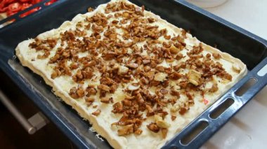 kare ev yapımı pizza tavuk eti serpilir