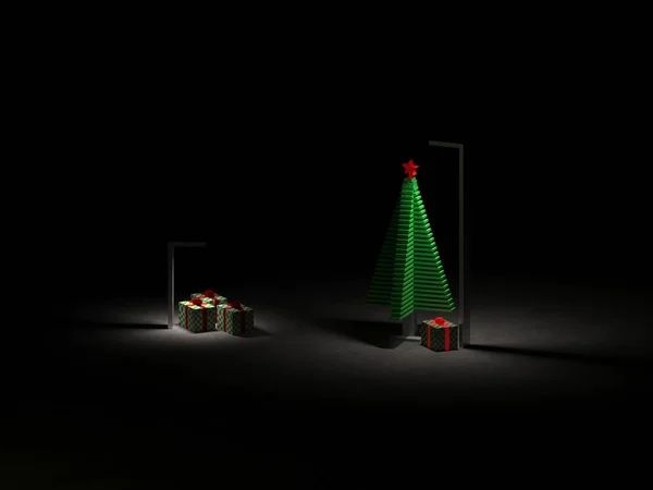 Árbol de Navidad dibujado 3b y una caja con regalos de vacaciones cerca de ella. —  Fotos de Stock