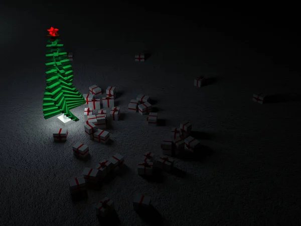 Un sapin de Noël lumineux sur un fond sombre avec des boîtes-cadeaux éparpillées autour. — Photo