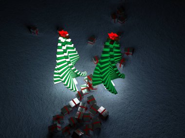 Karanlık bir arka planda parlayan bir Noel ağacı. Etrafına altın hediye kutuları saçılmış..