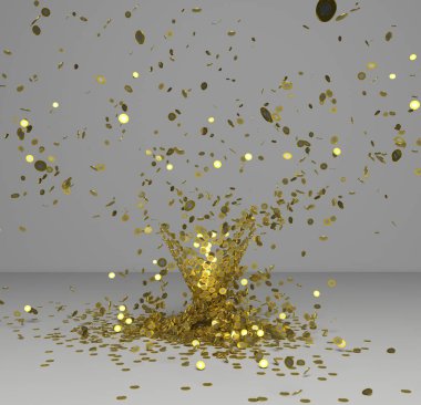 Çeşme ve bimetalik altın sikkeler gri-beyaz arka planda.