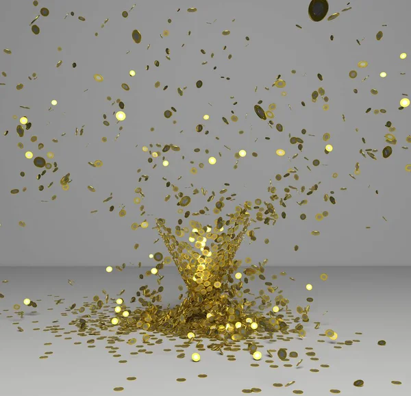 Çeşme ve bimetalik altın sikkeler gri-beyaz arka planda.