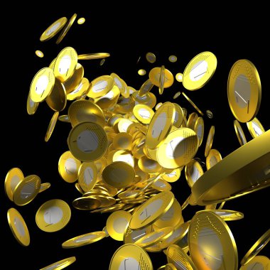 Siyah arka planda fıskiye ve bimetalik altın sikkeler.