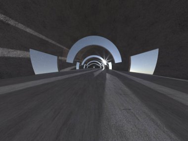 Gökyüzü ile modern iç mekanın 3D görüntüsü