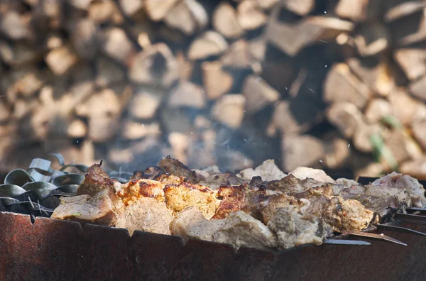 Shish kebab tusuk sate goreng di latar belakang kayu — Stok Foto