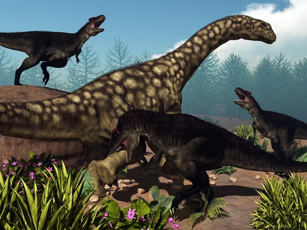 Tyrannotitan atacando a un dinosaurio jalá osaurio - 3D render — Foto de Stock