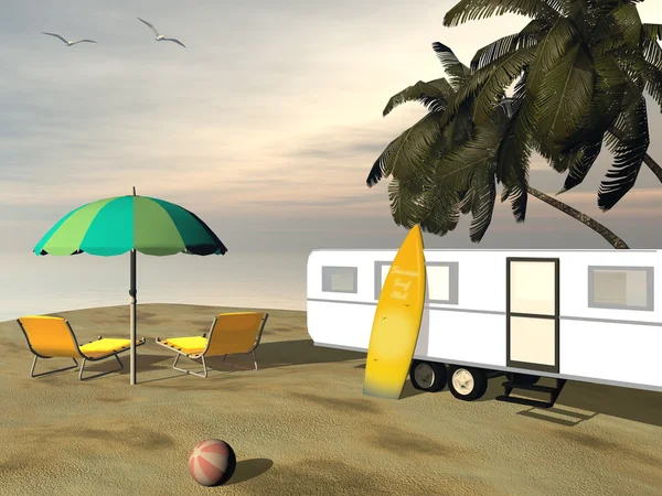 Sărbători de caravană la plajă - randare 3D — Fotografie, imagine de stoc