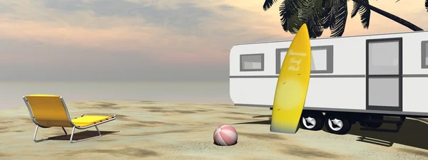 Vacaciones de caravanas en la playa - 3D render — Foto de Stock