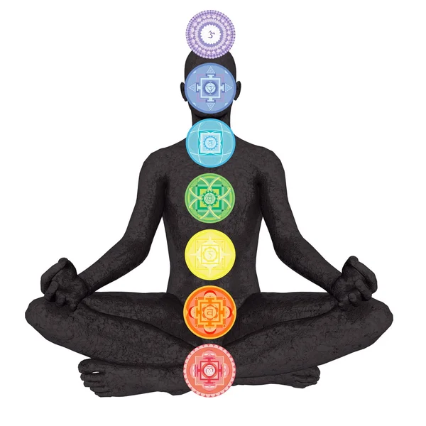 Seven chakra symbols column on black human being - 3D render — Stock Photo, Image