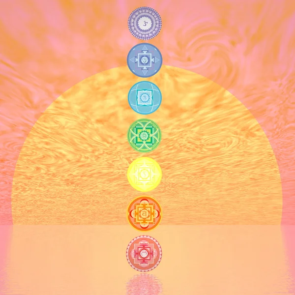 Sette colonne di simboli chakra entro il tramonto - rendering 3D — Foto Stock