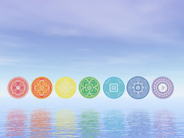 Sette linea di simboli chakra - rendering 3D — Foto Stock