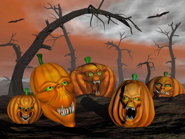 Halloweenpumpor och kusliga träd - 3d render — Stockfoto