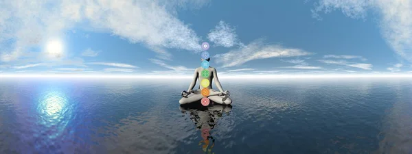 Der Mensch meditiert über den Ozean und Chakra-Farben - 3D-Render — Stockfoto