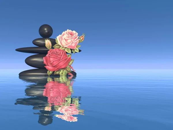 Piedras pacíficas y flores - 3D render —  Fotos de Stock