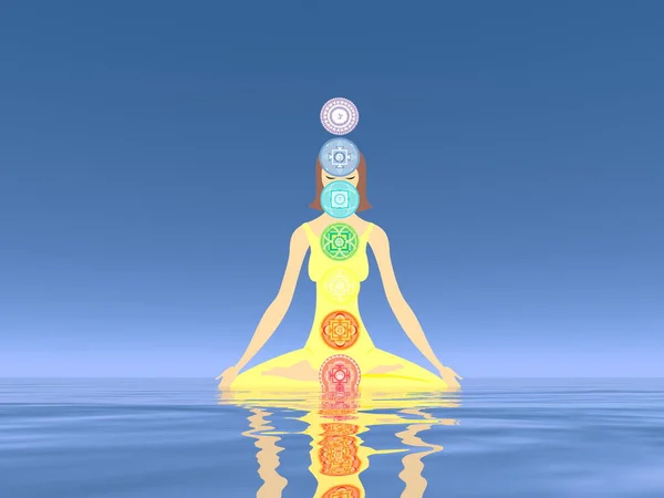 Woman meditation and chakras - 3D render — Stock Photo, Image