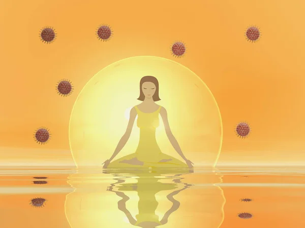 Corona covid virüsünden korumak için kadın meditasyonu - 3D görüntüleme — Stok fotoğraf