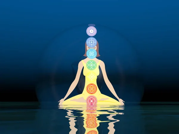 Woman meditation and chakras - 3D render — Stock Photo, Image