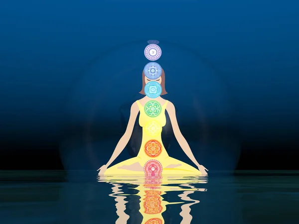 Méditation féminine et chakras - rendu 3D — Photo