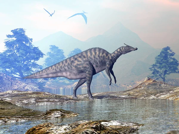 Saurolophus dinozor yürüyüşü - 3 boyutlu görüntüleme — Stok fotoğraf