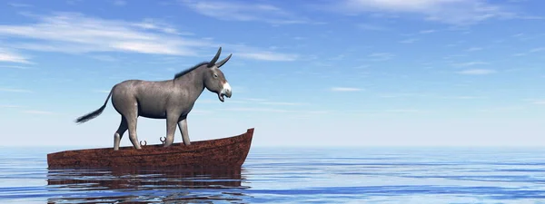 Donkey standing on a wooden boat - 3D render — Stock Photo, Image