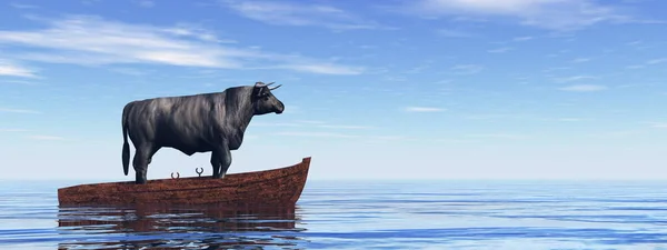 Toro in piedi su una barca di legno - rendering 3D — Foto Stock