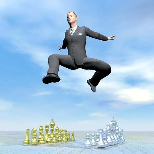 Businessman jumping upon chessboard - 3D render — Stock Photo, Image