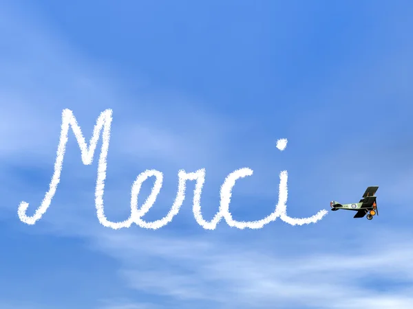 Merci, mensaje de agradecimiento francés, de humo biplan - 3D render — Foto de Stock