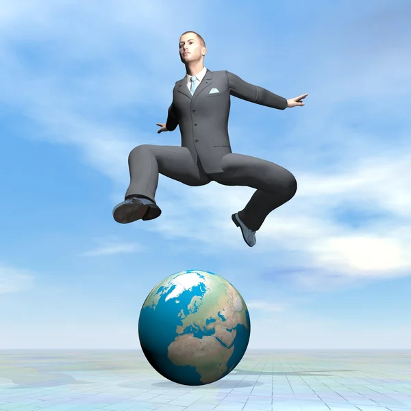 Businessman jumping upon earth - 3D render — Stock Photo, Image