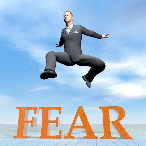 Businessman jumping upon fear word - 3D render — Stock Photo, Image