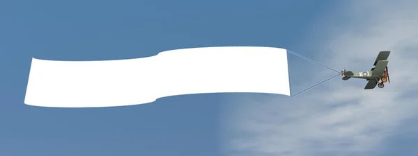 Биплан самолета тянет рекламный баннер - 3D рендеринг — стоковое фото