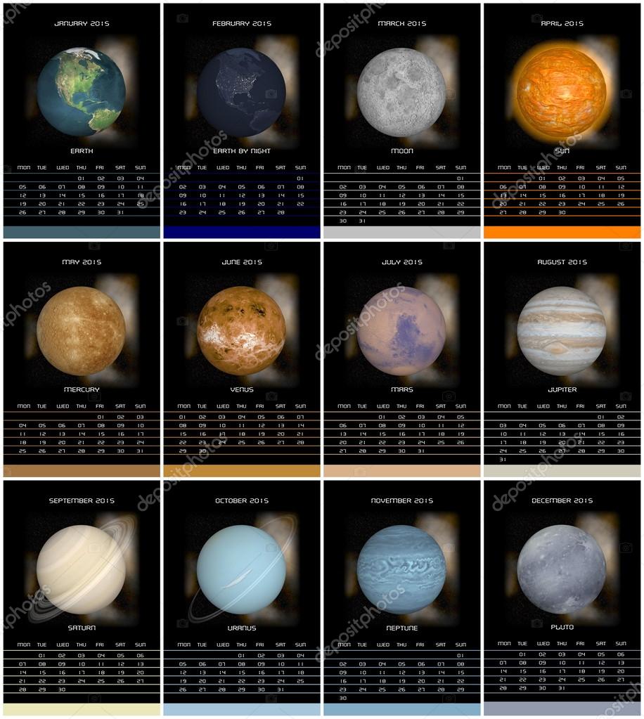 太陽系の惑星とヨーロッパの 15 年のカレンダー ストック写真 C Elenarts