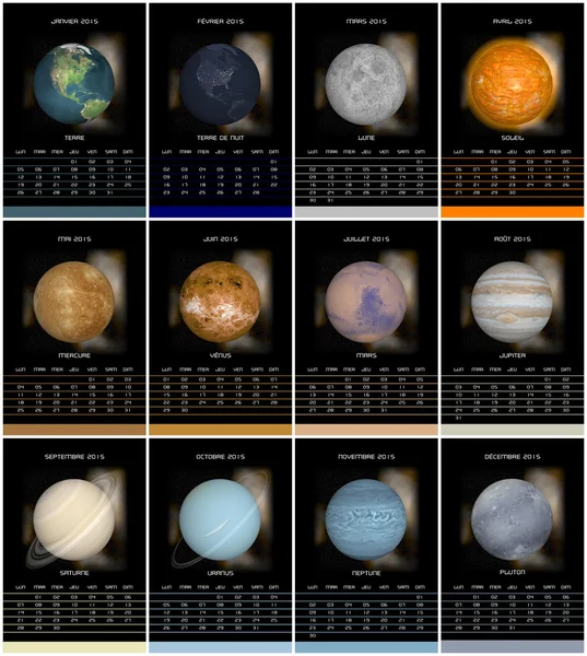 Evropská francouzská 2015 rok kalendář s Planet sluneční soustavy — Stock fotografie