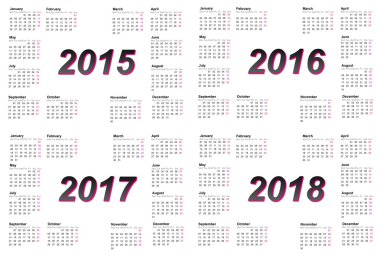 Avrupa 2015, 2016, 2017 ve 2018 yıl takvimleri kümesi