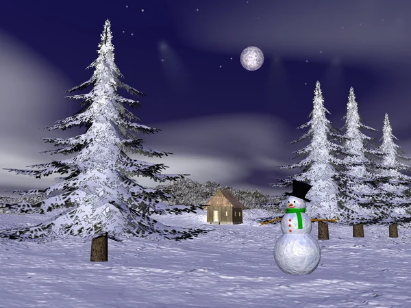 Muñeco de nieve de Navidad en la montaña - 3D render —  Fotos de Stock