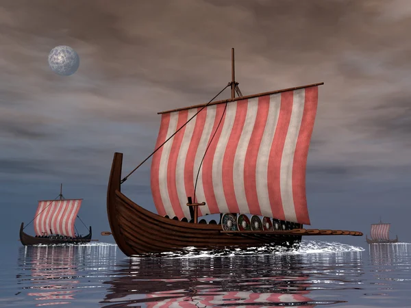 Drakkars lub viking statki - 3d render — Zdjęcie stockowe