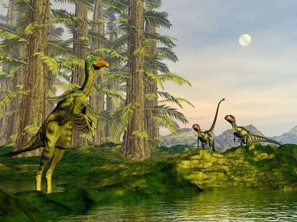 Caudipteryx 和地龙恐龙-3d 渲染 — 图库照片